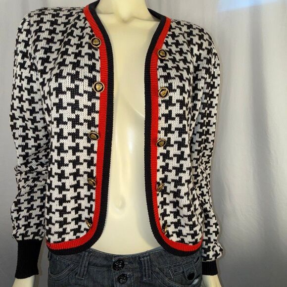 Vintage Leslie Fay Collections Women’s 14 Houndstooth Cardigan Black White Red T - Picture 14 of 15